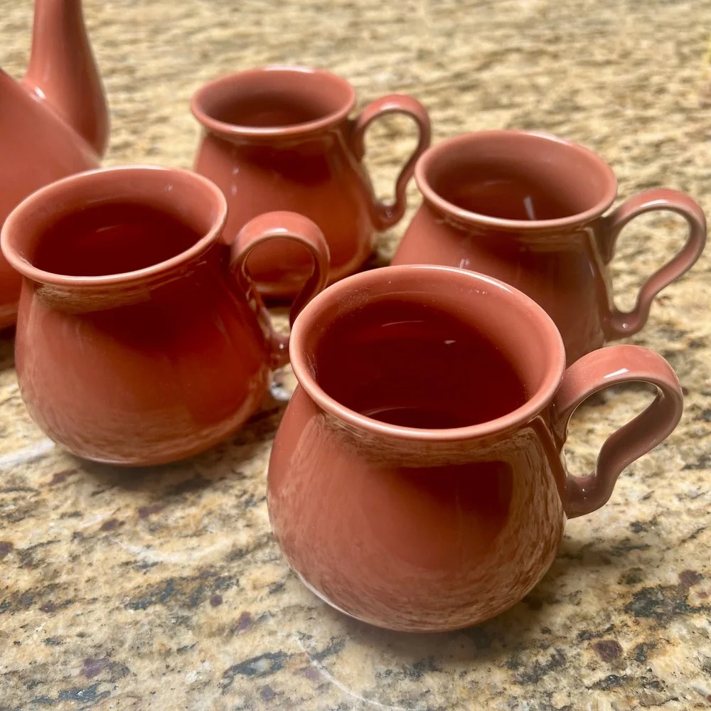Vintage Terracotta Ceramic Teapot and 4 Mug Tea Set Glossy Coral‎ Rust
